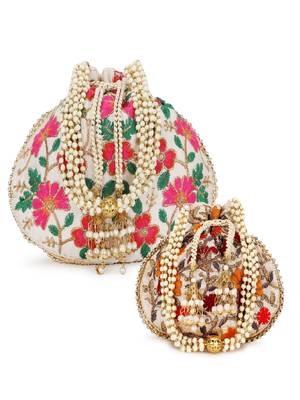 Dangle Mother Daughter Floral Embroidered Faux Silk Potlis Combo (Pack of 2) 1