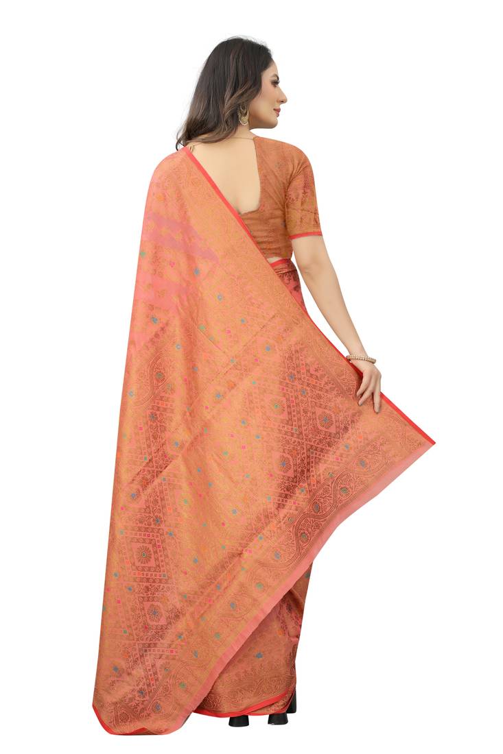 Pink Chanderi cotton blend thread work designer saree with Blouse