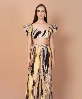 Multicolor Hand Painted Silk Based Crop Top Style Co-Ord Set  2