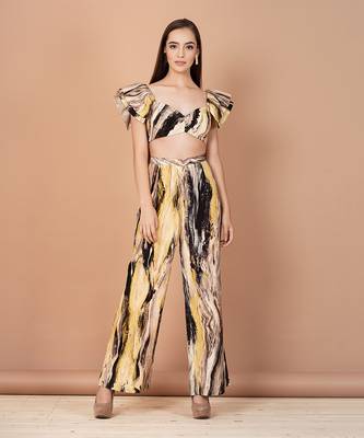 Multicolor Hand Painted Silk Based Crop Top Style Co-Ord Set  1