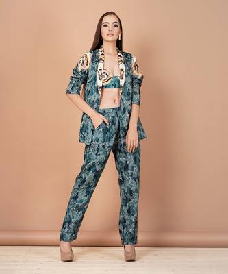 Teal Blue Hand Painted Silk Based Power Dressing Co-Ord Set 1