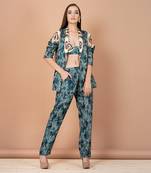 Teal Blue Hand Painted Silk Based Power Dressing Co-Ord Set