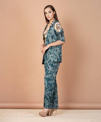 Teal Blue Hand Painted Silk Based Power Dressing Co-Ord Set 2