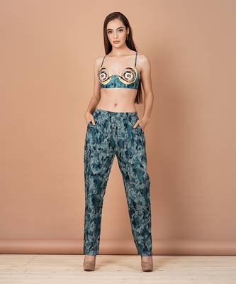 Teal Blue Hand Painted Silk Based Power Dressing Co-Ord Set 3