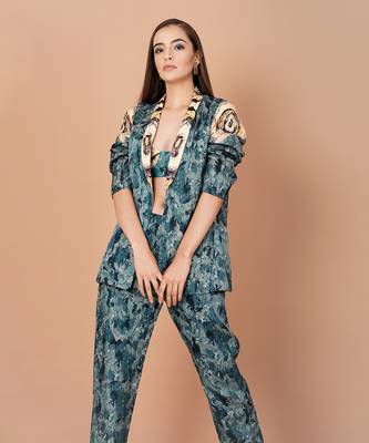 Teal Blue Hand Painted Silk Based Power Dressing Co-Ord Set 4