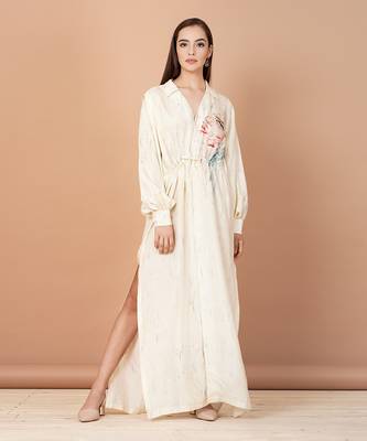 Off White Hand Painted Silk Based Kaftan Style Tunic                                                     1