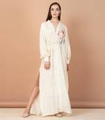 Off White Hand Painted Silk Based Kaftan Style Tunic                                                    