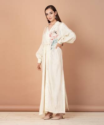 Off White Hand Painted Silk Based Kaftan Style Tunic                                                     2