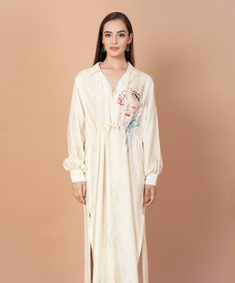 Off White Hand Painted Silk Based Kaftan Style Tunic                                                     4