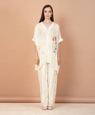 Off White Hand Painted  Silk Based Custom Print Kaftan Co-Ord Set 1
