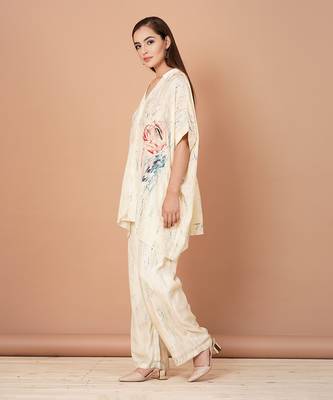 Off White Hand Painted  Silk Based Custom Print Kaftan Co-Ord Set 2