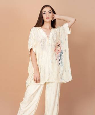 Off White Hand Painted  Silk Based Custom Print Kaftan Co-Ord Set 3