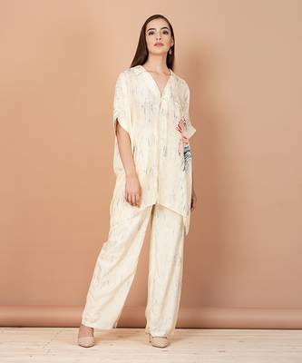 Off White Hand Painted  Silk Based Custom Print Kaftan Co-Ord Set 4