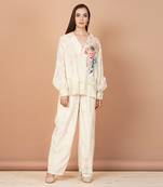 Off White Hand Painted Silk Based Shirt Style Co-Ord Set  