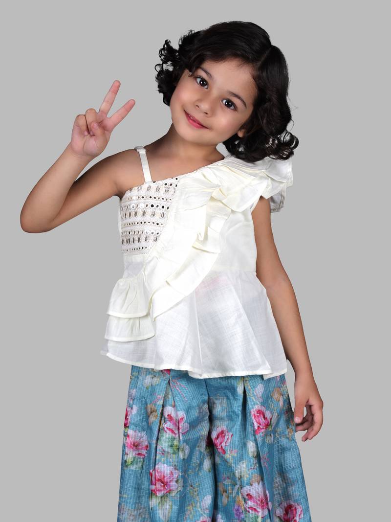 Twisha Polyester Viscose Girls Top With Palazzo- Off white