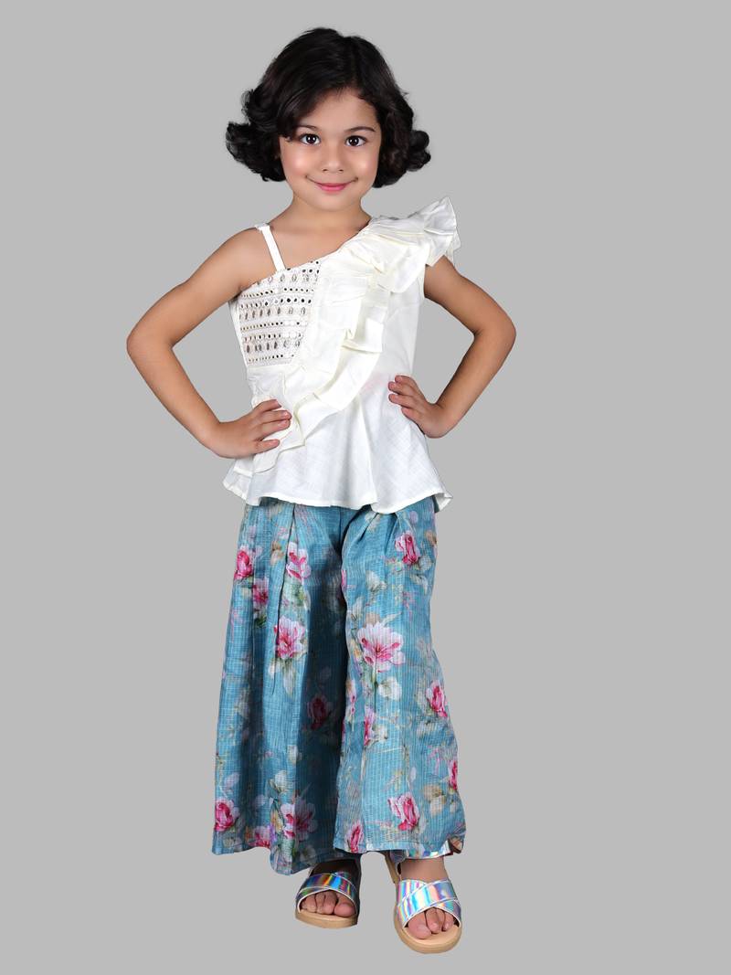 Twisha Polyester Viscose Girls Top With Palazzo- Off white