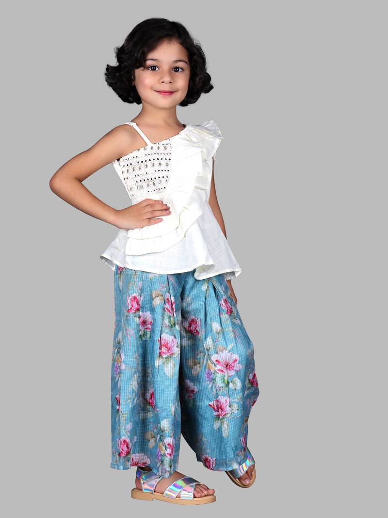 Twisha Polyester Viscose Girls Top With Palazzo- Off white