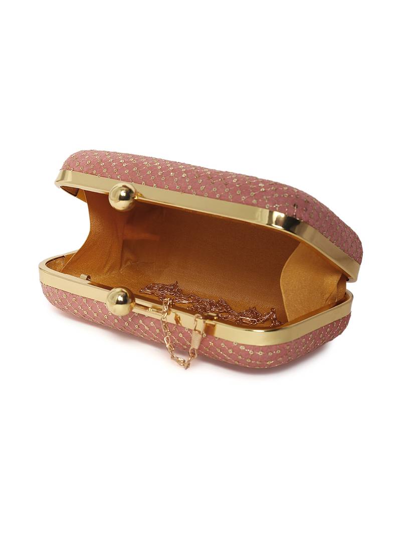 Pink embroided Clutch Box With Chain Strap