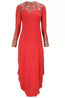 Red Zari Stone Work Georgette Islamic Style Beads Embedded Partywear Kaftan Long Gown Evening wear Dubai kaftan