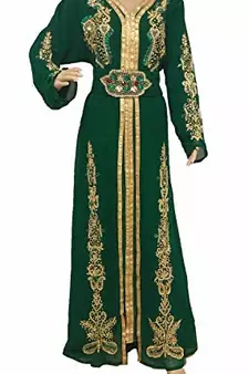  Green Zari Stone Work Georgette Islamic Style Beads Embedded Partywear Kaftan Long Gown Evening wear Dubai kaftan