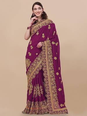 Purple Embroidered Silk Blend Saree. 1