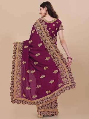 Purple Embroidered Silk Blend Saree. 2