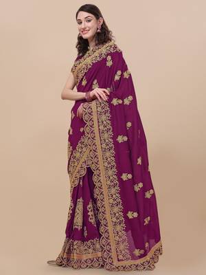 Purple Embroidered Silk Blend Saree. 3