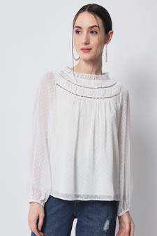 MATINE Women White Chiffon Designer Neck Top