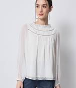 MATINE Women White Chiffon Designer Neck Top