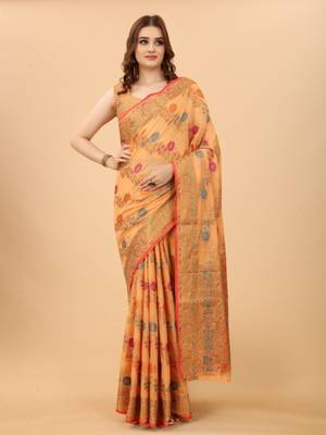 Women'S kanchipuram silk blend saree With Unstitched Boluse Piece 1