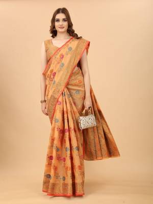 Women'S kanchipuram silk blend saree With Unstitched Boluse Piece 2
