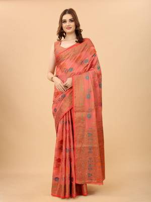 Women'S kanchipuram silk blend saree With Unstitched Boluse Piece 1