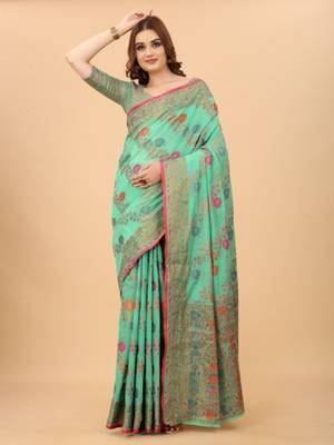 Women'S kanchipuram silk blend saree With Unstitched Boluse Piece 1