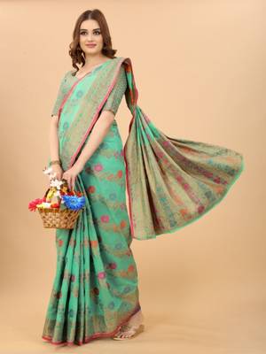 Women'S kanchipuram silk blend saree With Unstitched Boluse Piece 2