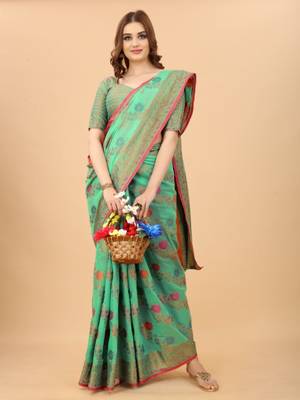 Women'S kanchipuram silk blend saree With Unstitched Boluse Piece 3