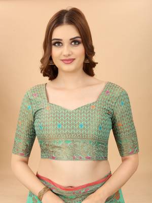 Women'S kanchipuram silk blend saree With Unstitched Boluse Piece 5