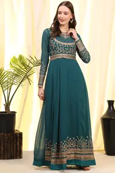 Teal-Blue Embroidered Faux Georgette Salwar Up To 42" Size