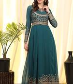 Teal-Blue Embroidered Faux Georgette Salwar Up To 42" Size