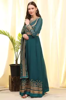 Teal-Blue Embroidered Faux Georgette Salwar Up To 42" Size