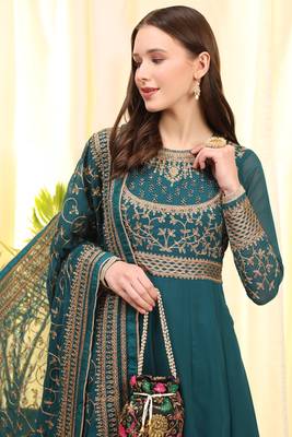 Teal-Blue Embroidered Faux Georgette Salwar Up To 42" Size 3
