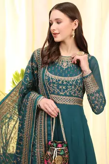Teal-Blue Embroidered Faux Georgette Salwar Up To 42" Size
