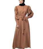 Nazneen front open till waist gathered puffed Sleeve long cuff  with belt Casual Abaya