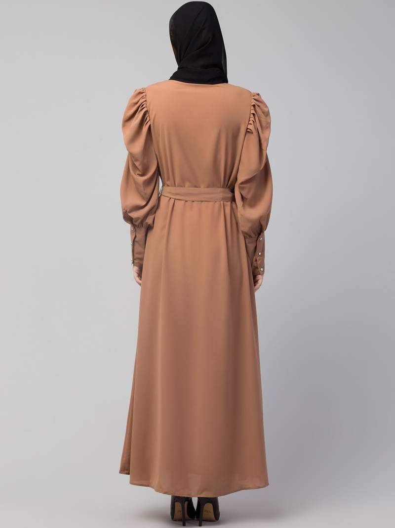 Nazneen front open till waist gathered puffed Sleeve long cuff  with belt Casual Abaya