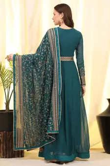 Teal-Blue Embroidered Faux Georgette Salwar Up To 42" Size