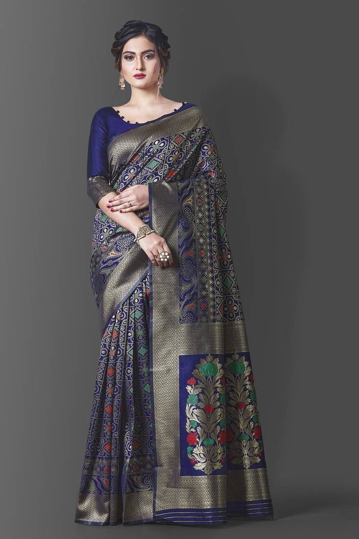 Navy blue woven banarasi saree with blouse