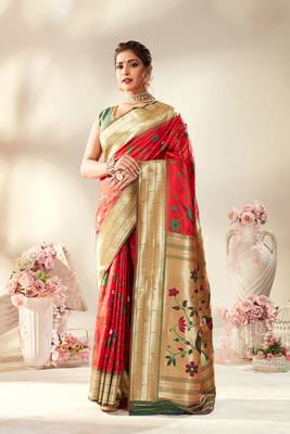 Red woven silk saree with blouse 1