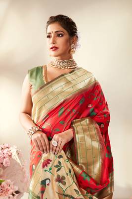 Red woven silk saree with blouse 2