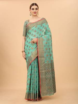 Women'S Oraganza Faux Kanchipuram Silk Blend Saree With Unstitched Boluse Piece 1