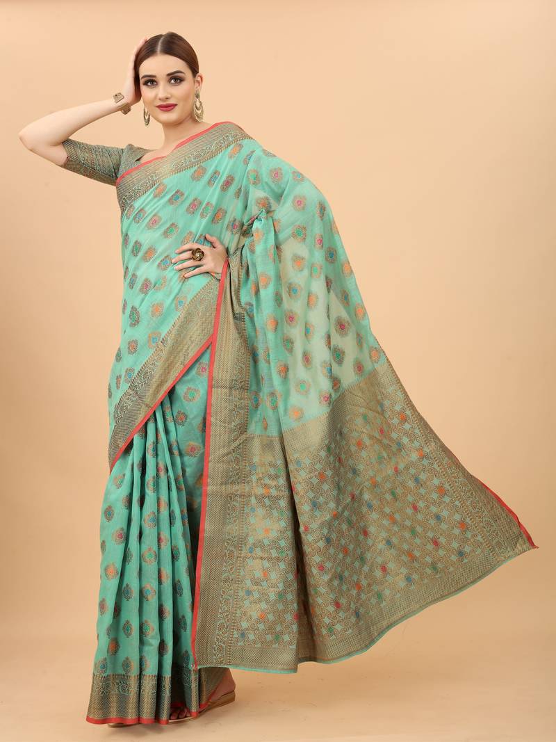 Women'S Oraganza Faux Kanchipuram Silk Blend Saree With Unstitched Boluse Piece