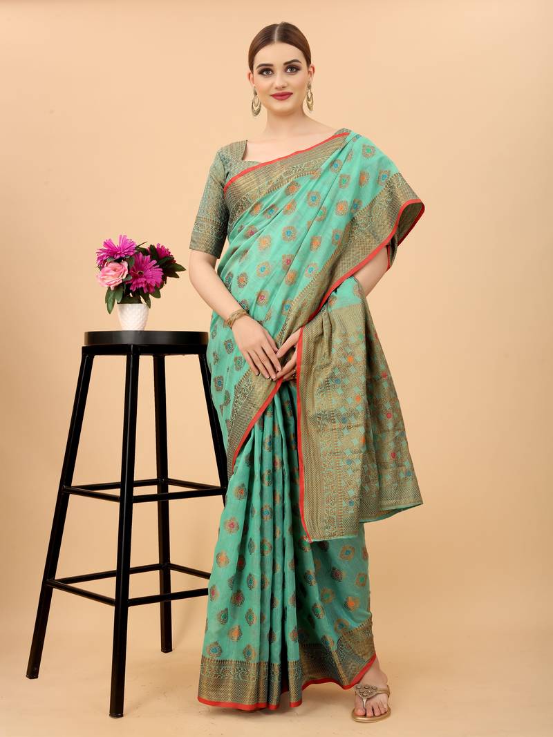 Women'S Oraganza Faux Kanchipuram Silk Blend Saree With Unstitched Boluse Piece